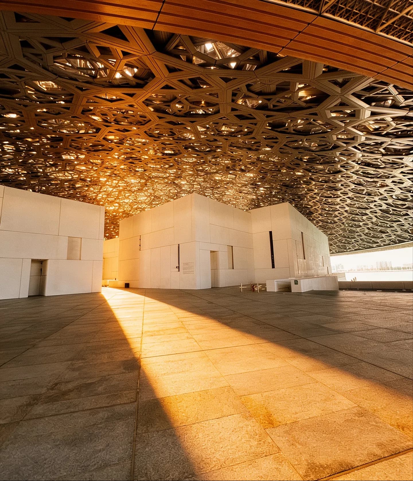 The plaza beneath the Louvre Abu Dhabi's dome, sunlight falling through the lattice onto white galleries