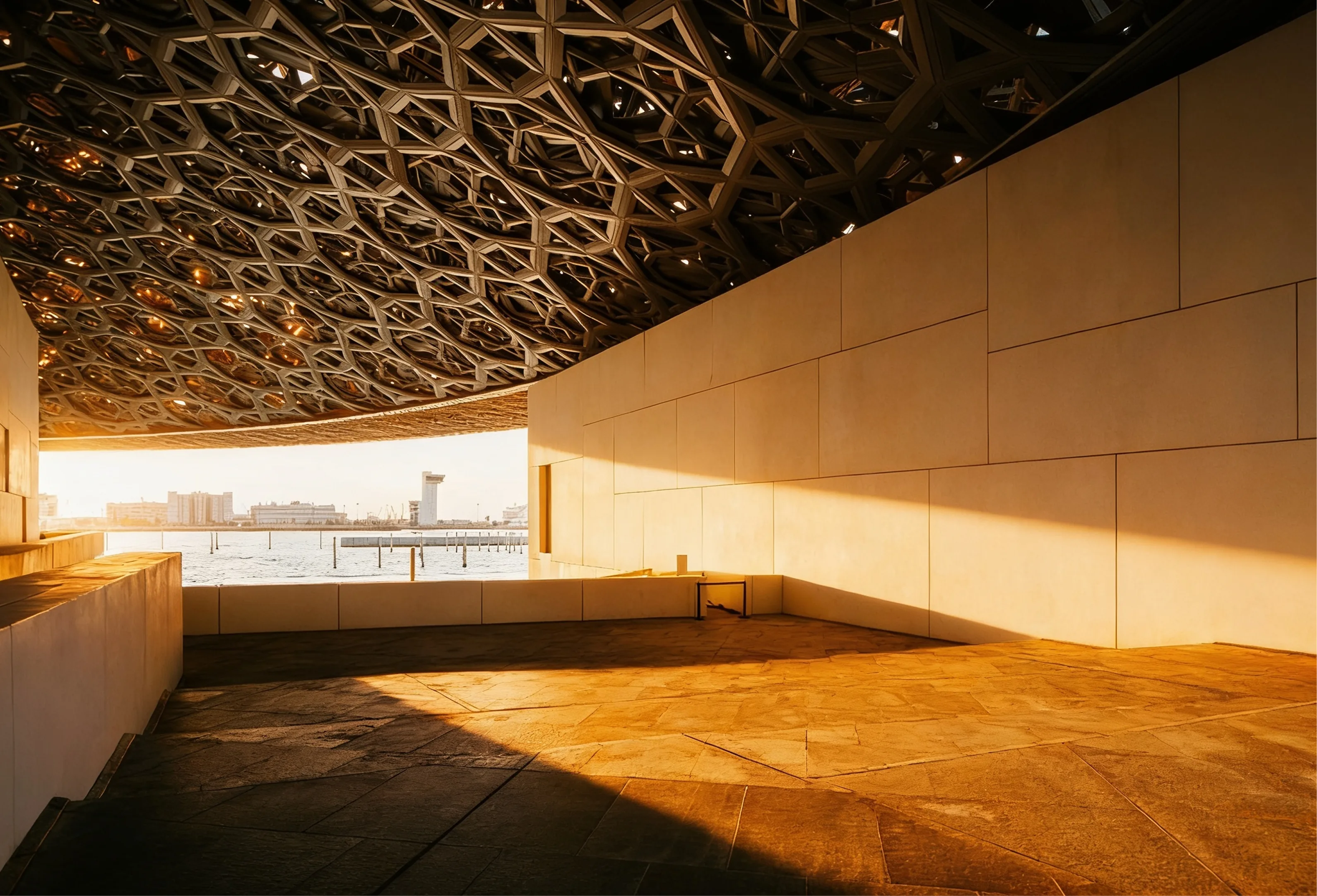 Under the dome of the Louvre Abu Dhabi at golden hour: the lattice overhead, low sun across the stone, the water beyond