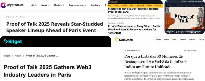 Headlines from the Paris editions of Proof of Talk, in English, French and Portuguese