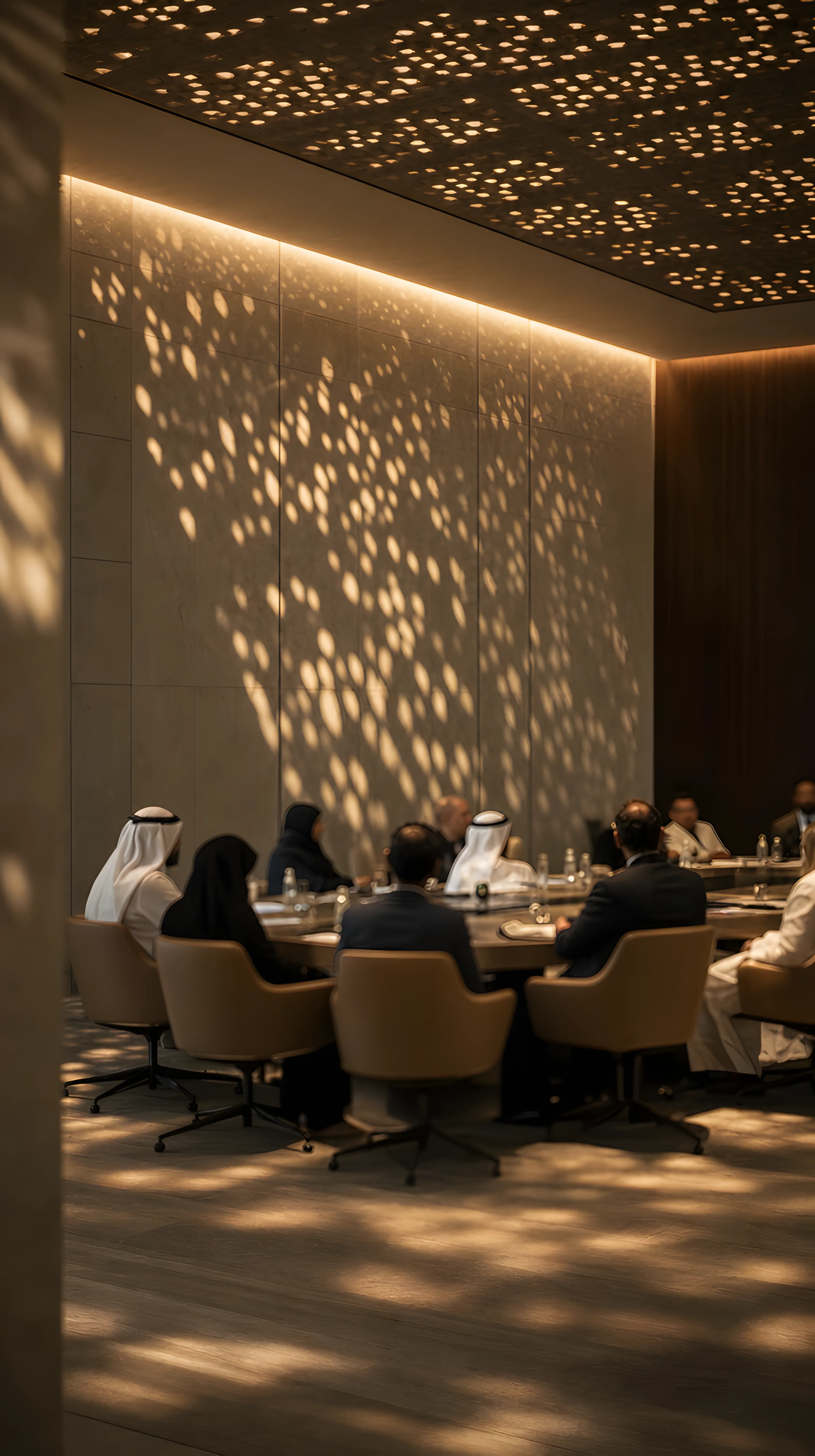 A closed-door roundtable in a stone room, light falling through a perforated ceiling.