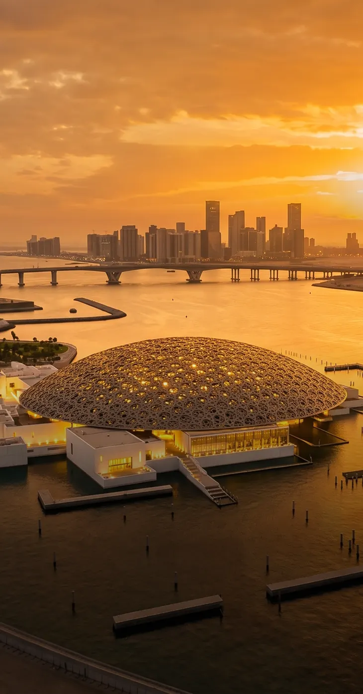 The Louvre Abu Dhabi at sunset — its latticed dome low over the water, the city skyline beyond