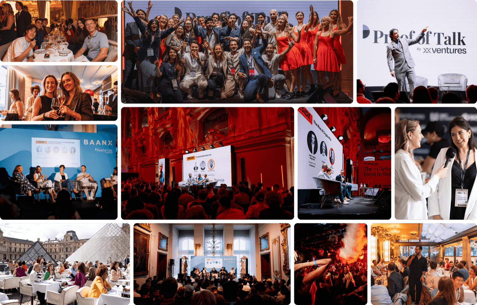 Proof of Talk past editions — dinners, panels, the Louvre Pyramid, and the closing party