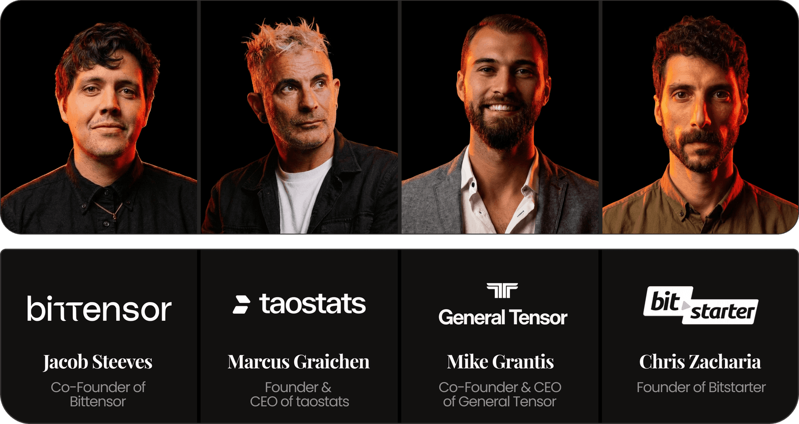 Proof of Pitch Bittensor Track jury - Jacob Steeves (Bittensor), Marcus Graichen (taostats), Mike Grantis (General Tensor), Chris Zacharia (Bitstarter)