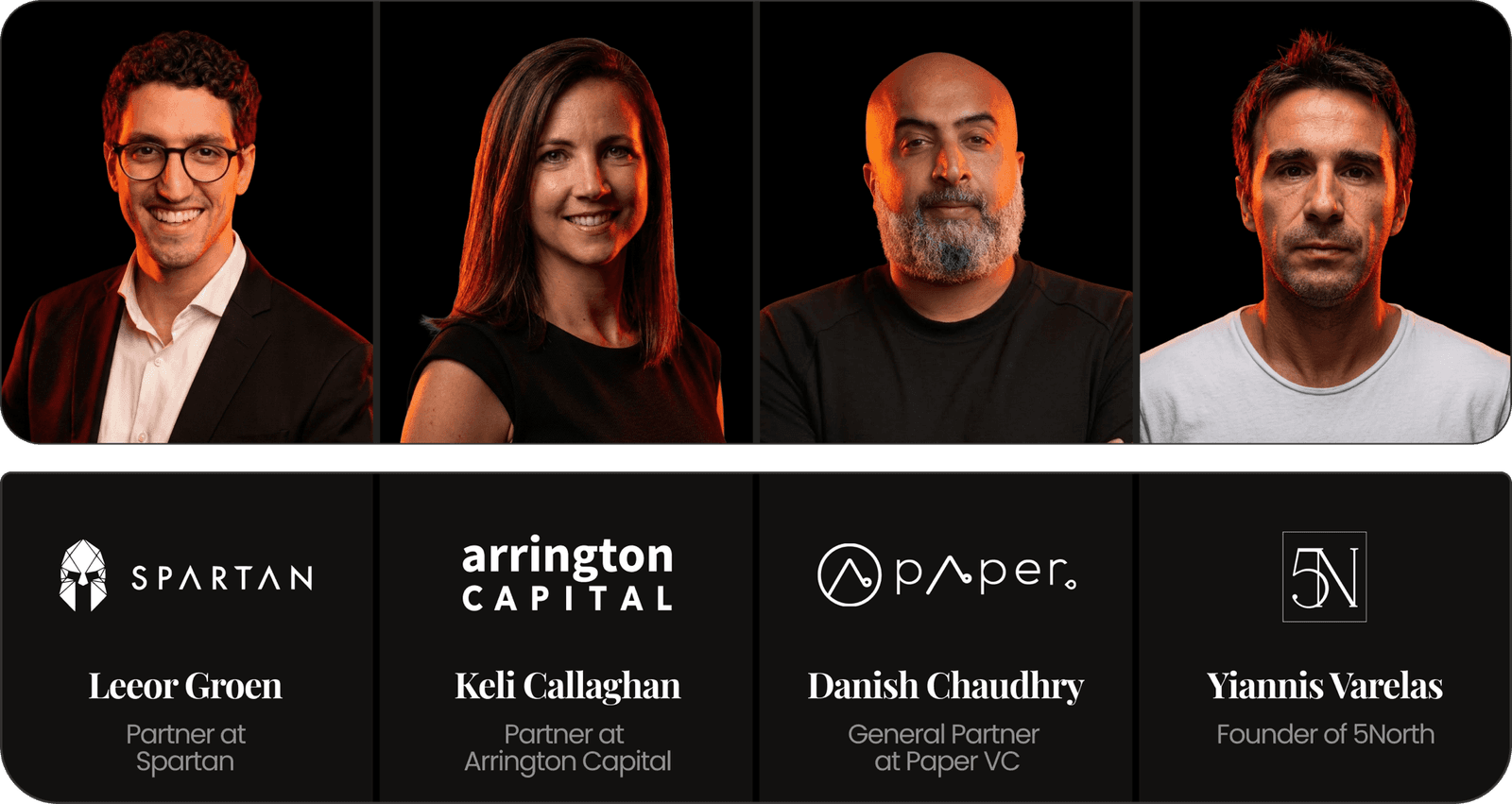 Proof of Pitch Canton Track jury - Lecor Groen (Spartan), Keli Callaghan (Arrington Capital), Danish Chaudhry (Paper VC), Yiannis Varelas (5North)