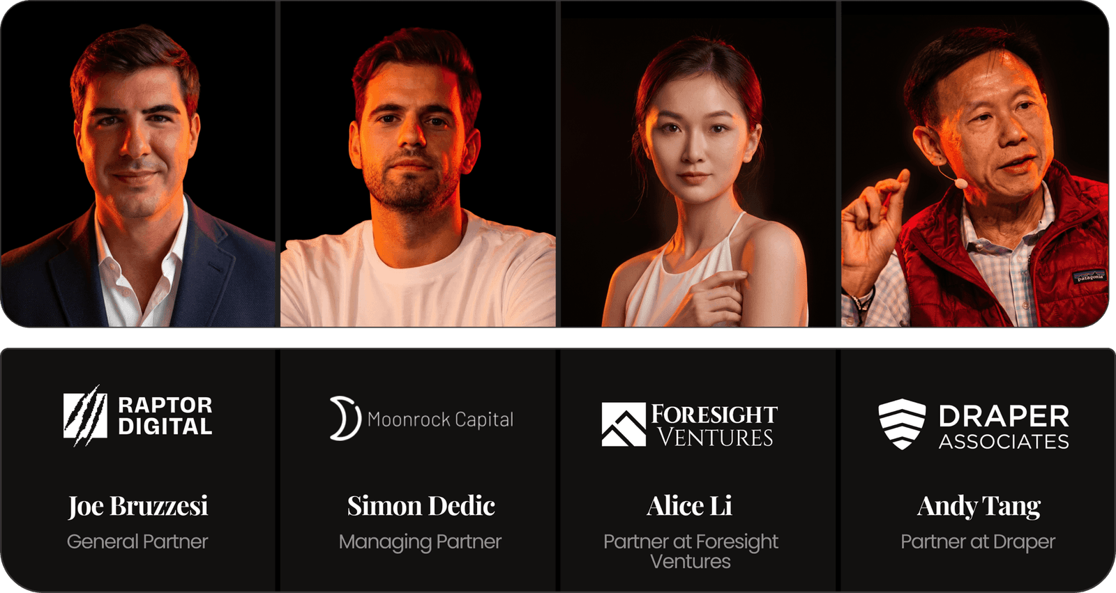Proof of Pitch jury - Joe Bruzzesi (Raptor Digital), Simon Dedic (Moonrock Capital), Alice Li (Foresight Ventures), Andy Tang (Draper Associates)