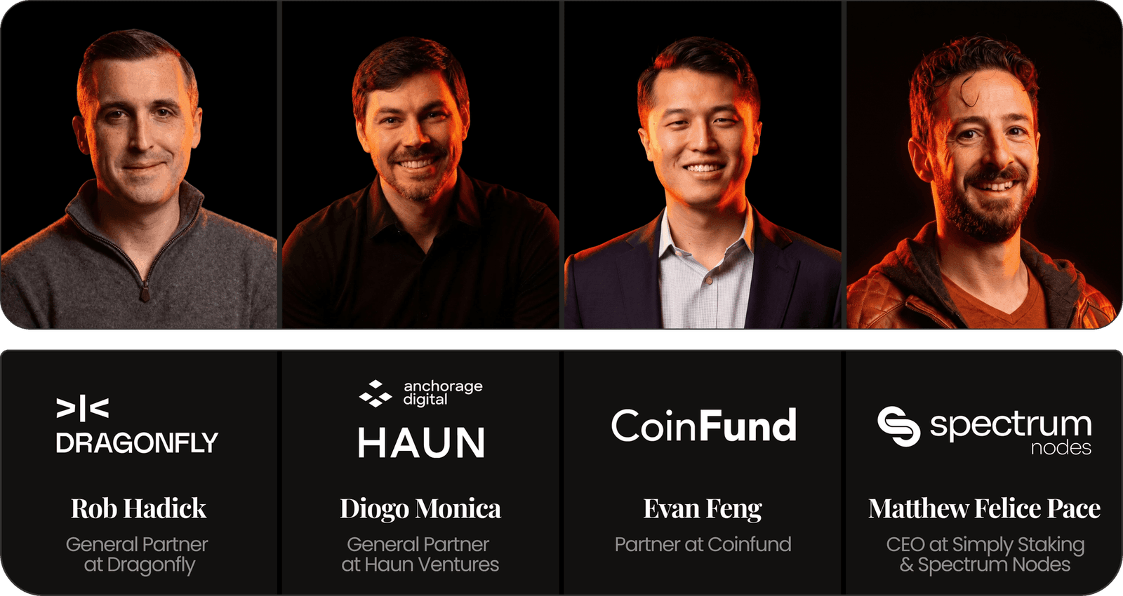 Proof of Pitch jury - Rob Hadick (Dragonfly), Diogo Monica (Haun Ventures), Evan Feng (CoinFund), Matthew Felice Pace (Spectrum Nodes)