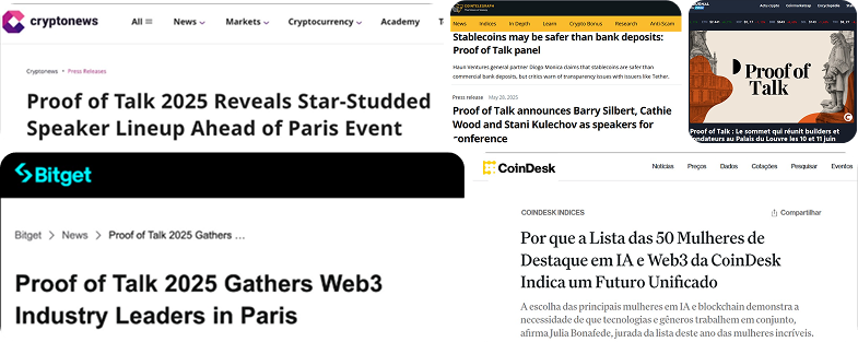 Collage of news articles covering Proof of Talk
