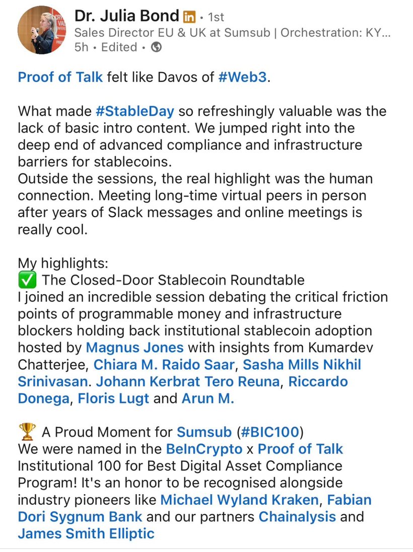 Public LinkedIn post about Proof of Talk
