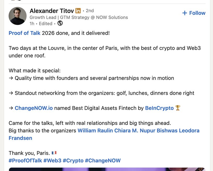 Public LinkedIn post about Proof of Talk