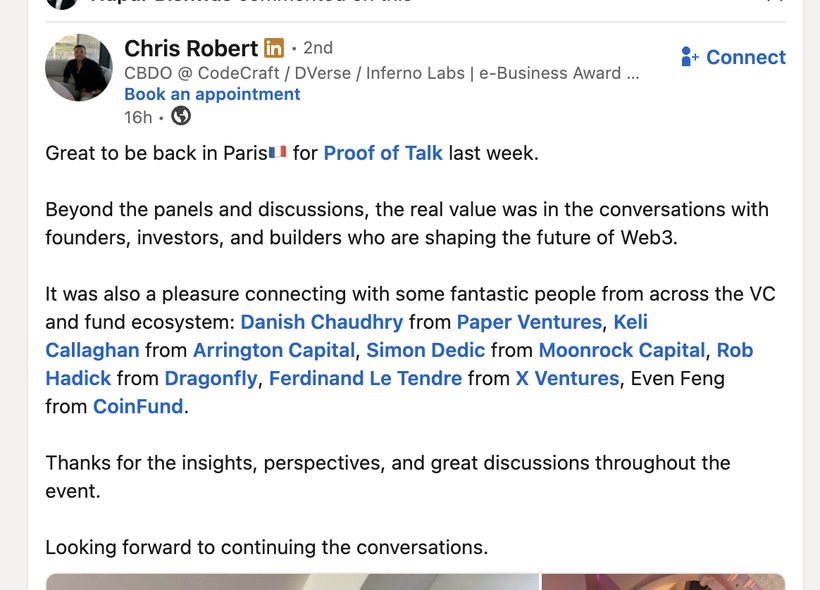 Public LinkedIn post about Proof of Talk