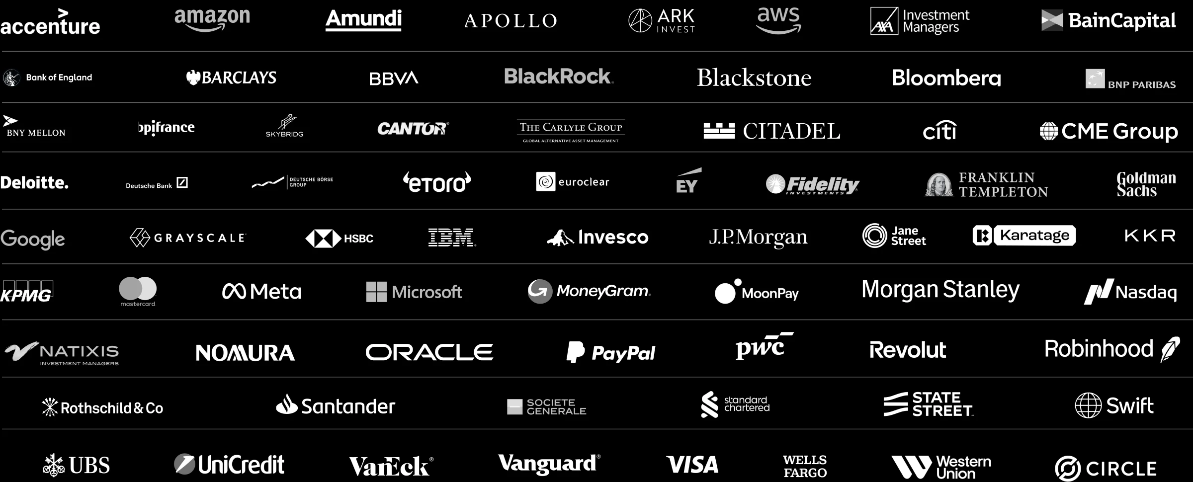Institutions and corporates: Accenture, Amazon, Amundi, Apollo, ARK Invest, AWS, AXA Investment Managers, Bain Capital, Bank of England, Barclays, BBVA, BlackRock, Blackstone, Bloomberg, BNP Paribas, BNY Mellon, Bpifrance, SkyBridge, Cantor, The Carlyle Group, Citadel, Citi, CME Group, Deloitte, Deutsche Bank, Deutsche Börse, eToro, Euroclear, EY, Fidelity, Franklin Templeton, Goldman Sachs, Google, Grayscale, HSBC, IBM, Invesco, J.P. Morgan, Jane Street, Karatage, KKR, KPMG, Mastercard, Meta, Microsoft, MoneyGram, MoonPay, Morgan Stanley, Nasdaq, Natixis, Nomura, Oracle, PayPal, PwC, Revolut, Robinhood, Rothschild & Co, Santander, Société Générale, Standard Chartered, State Street, Swift, UBS, UniCredit, VanEck, Vanguard, Visa, Wells Fargo, Western Union and Circle.