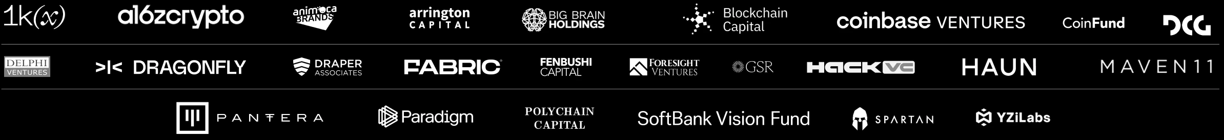 Investors: 1kx, a16z crypto, Animoca Brands, Arrington Capital, Big Brain Holdings, Blockchain Capital, Coinbase Ventures, CoinFund, DCG, Delphi Ventures, Dragonfly, Draper Associates, Fabric, Fenbushi Capital, Foresight Ventures, GSR, Hack VC, Haun, Maven 11, Pantera, Paradigm, Polychain Capital, SoftBank Vision Fund, Spartan and YZi Labs.