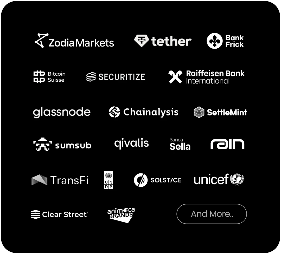 Organisations in the room: Zodia Markets, Tether, Bank Frick, Sumsub, Qivalis, Banca Sella, Rain, Bitcoin Suisse, Securitize, Raiffeisen Bank International, TransFi, UNDP, Solstice, UNICEF, Glassnode, Chainalysis, SettleMint, Clear Street, Animoca Brands and more.