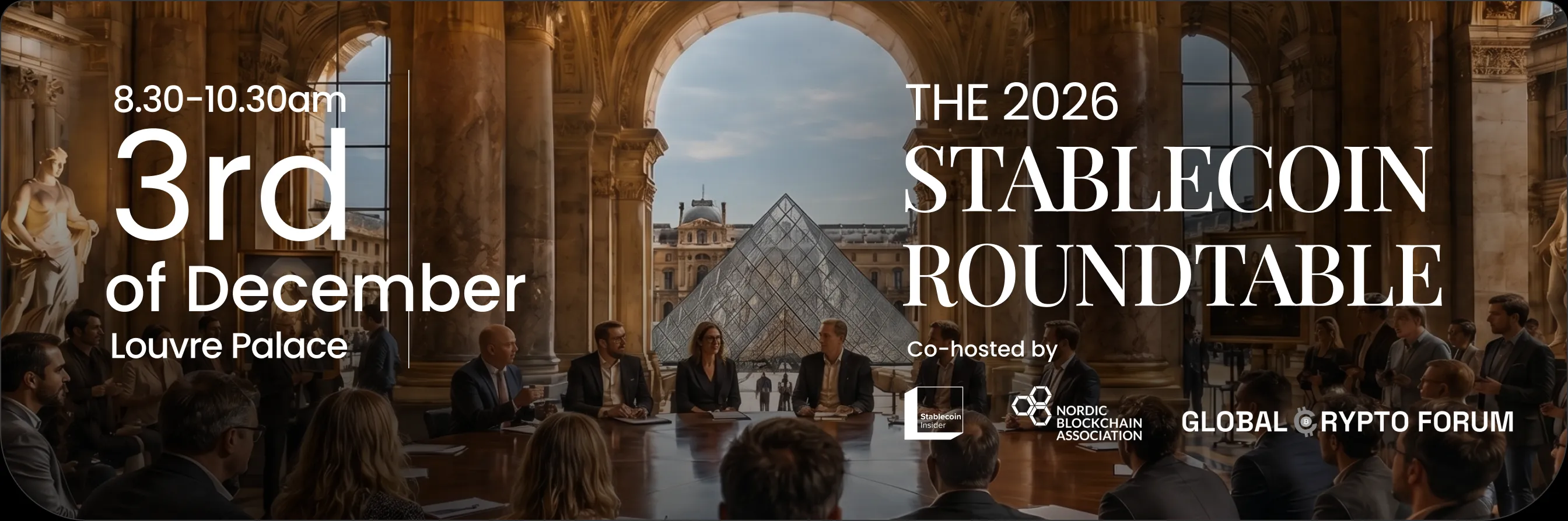 The 2026 Stablecoin Roundtable. 8.30-10.30am, 3rd of December, Louvre Palace. Co-hosted by Stablecoin Insider, the Nordic Blockchain Association and the Global Crypto Forum.