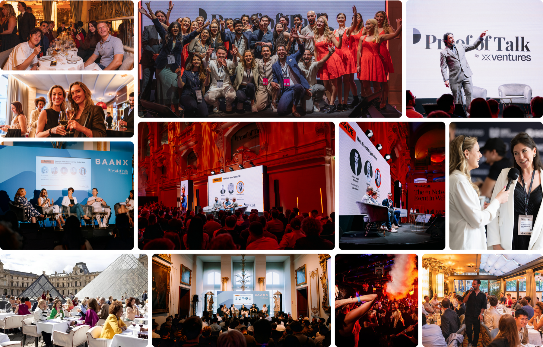 Proof of Talk past editions — dinners, panels, the Louvre Pyramid, and the closing party