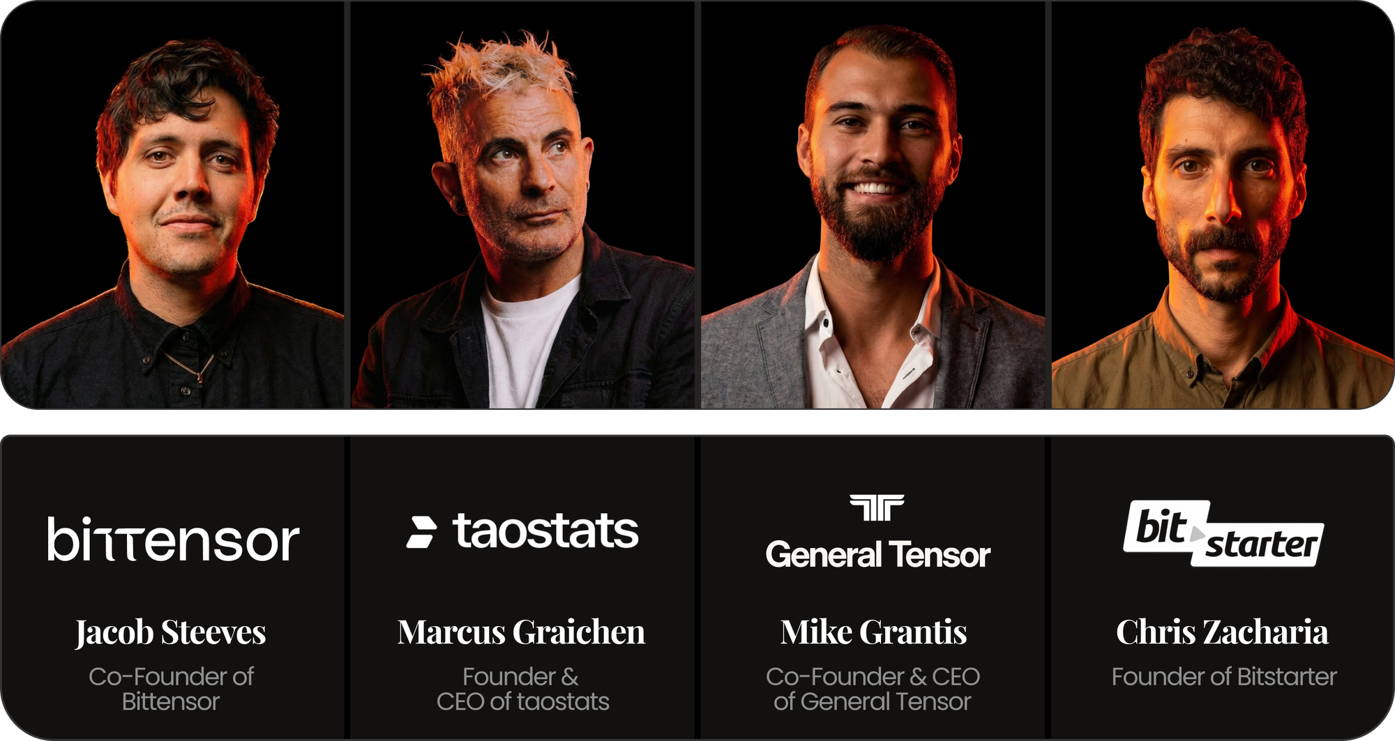 Proof of Pitch Bittensor Track jury - Jacob Steeves (Bittensor), Marcus Graichen (taostats), Mike Grantis (General Tensor), Chris Zacharia (Bitstarter)