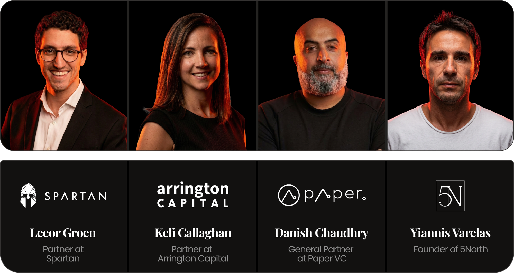Proof of Pitch Canton Track jury - Lecor Groen (Spartan), Keli Callaghan (Arrington Capital), Danish Chaudhry (Paper VC), Yiannis Varelas (5North)