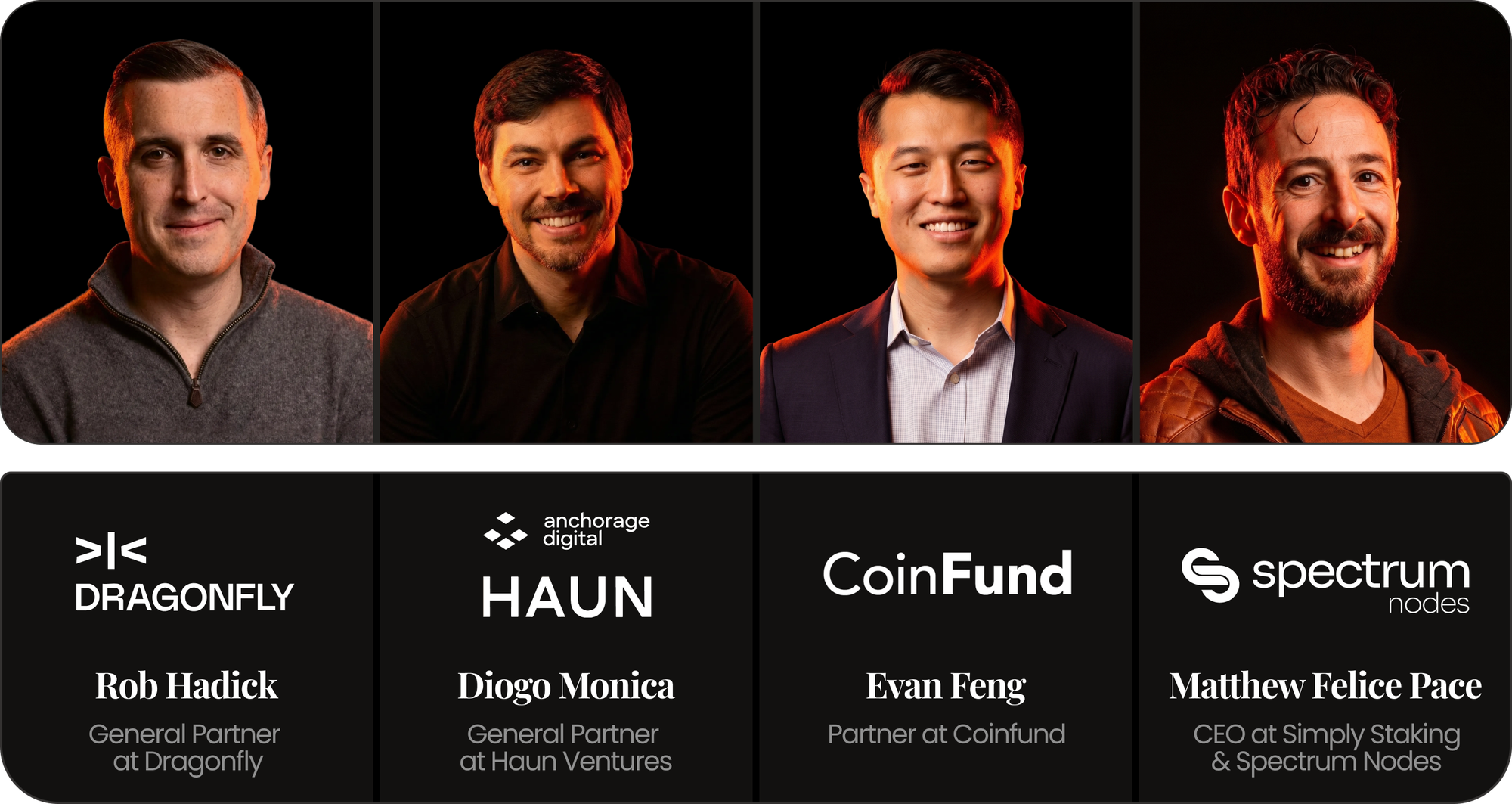 Proof of Pitch jury - Rob Hadick (Dragonfly), Diogo Monica (Haun Ventures), Evan Feng (CoinFund), Matthew Felice Pace (Spectrum Nodes)
